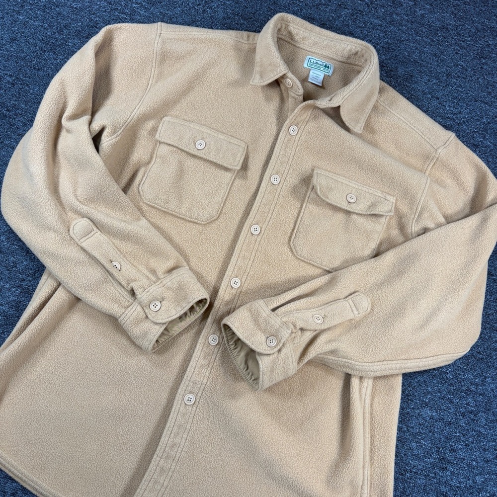 L.L. Bean Fleece Shirt Jacket Mens Large L-REG Tan Beige Button Up 273072